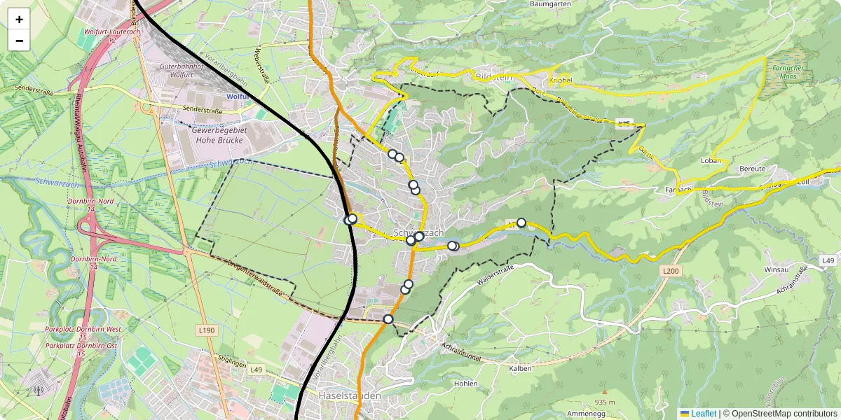 Nahverkehrsnetz in schwarzach, Österreich - Buslinien, Haltestellen und Verbindungen auf der Karte
