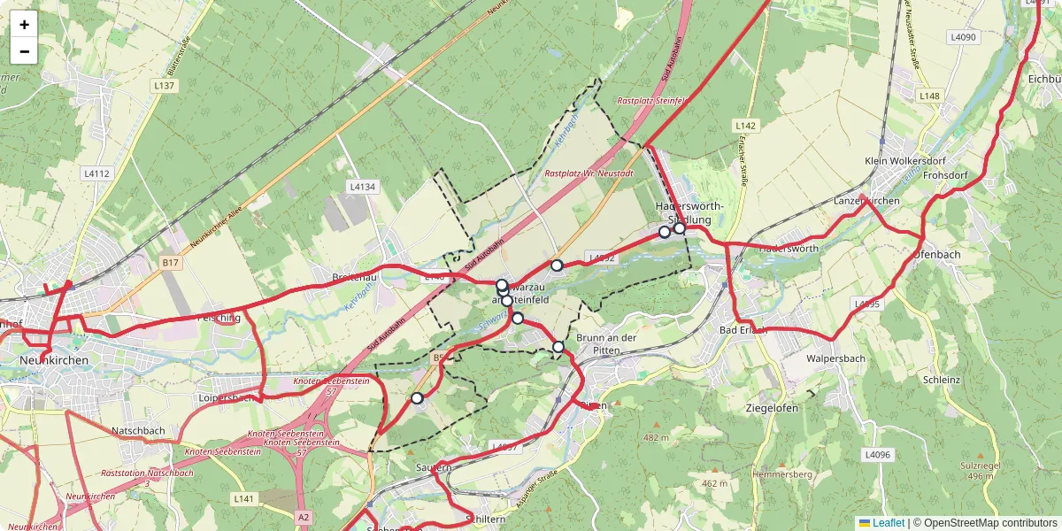 Nahverkehrsnetz in schwarzau-am-steinfeld, Österreich - Buslinien, Haltestellen und Verbindungen auf der Karte