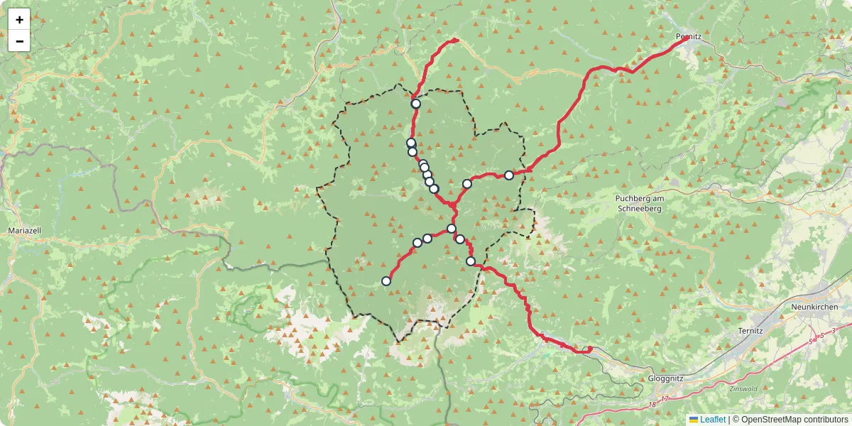 Nahverkehrsnetz in schwarzau-im-gebirge, Österreich - Buslinien, Haltestellen und Verbindungen auf der Karte