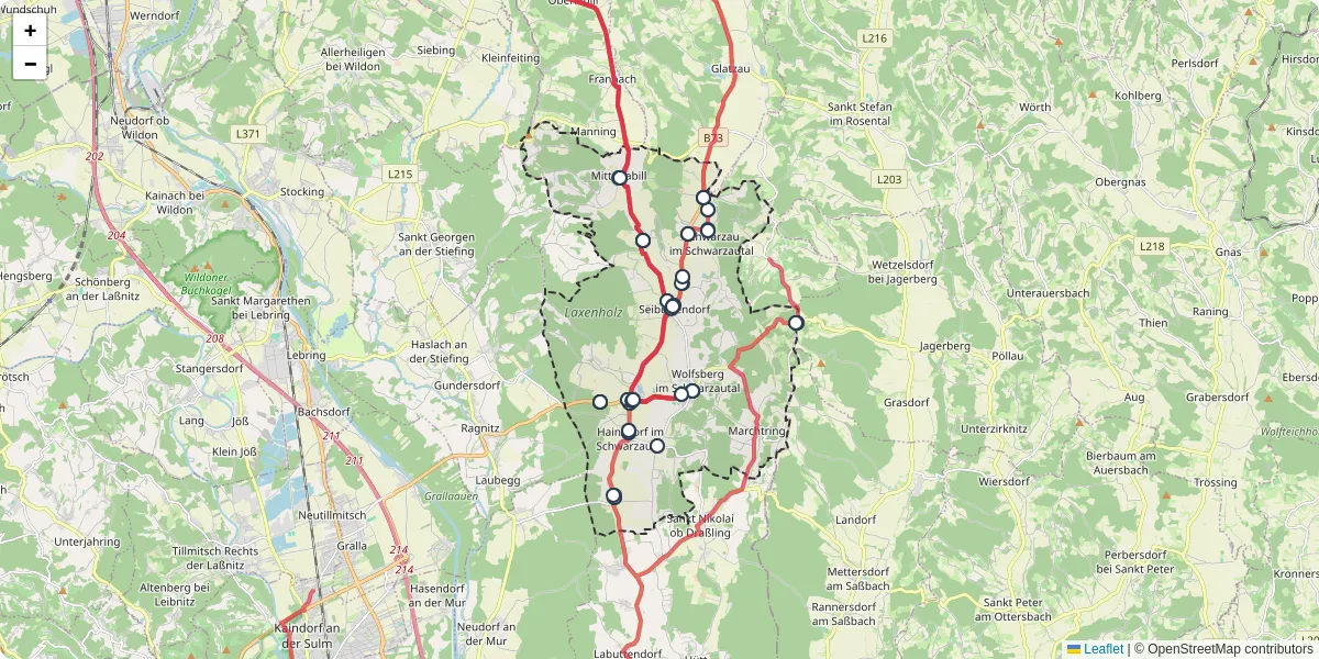 Nahverkehrsnetz in schwarzautal, Österreich - Buslinien, Haltestellen und Verbindungen auf der Karte