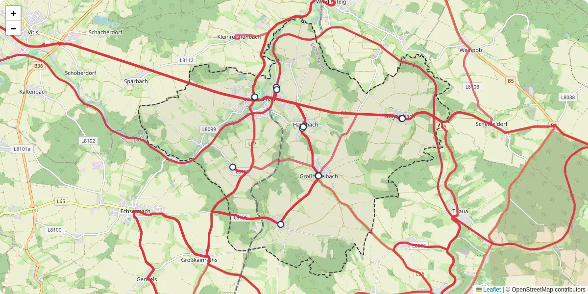 Nahverkehrsnetz in schwarzenau, Österreich - Buslinien, Haltestellen und Verbindungen auf der Karte