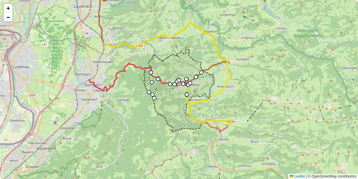Nahverkehrsnetz in schwarzenberg, Österreich - Buslinien, Haltestellen und Verbindungen auf der Karte
