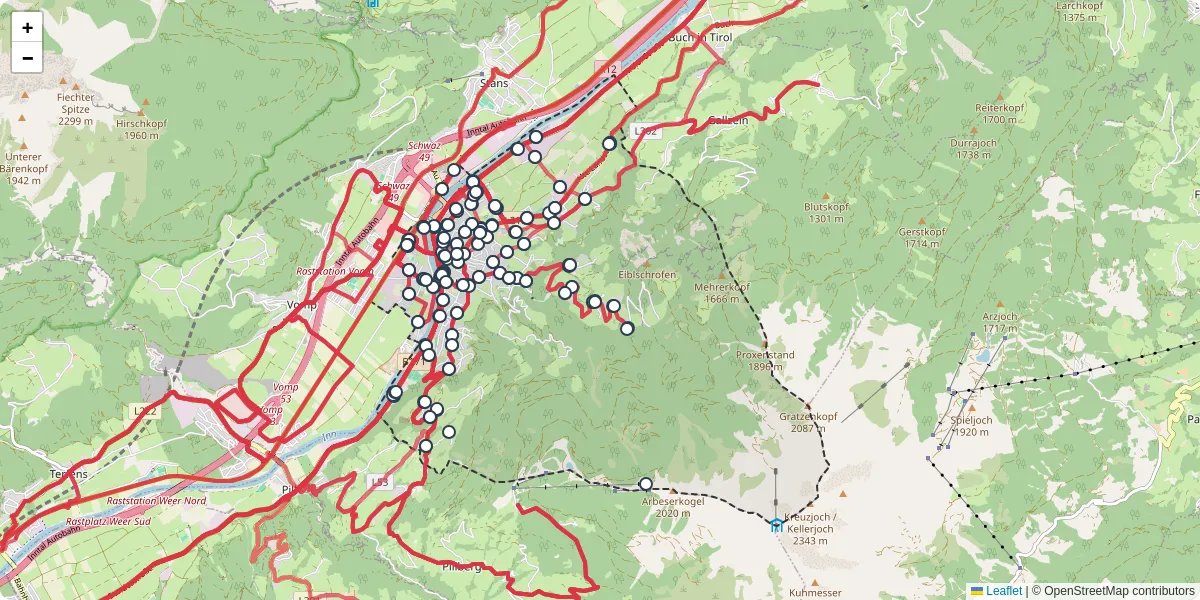 Nahverkehrsnetz in schwaz, Österreich - Buslinien, Haltestellen und Verbindungen auf der Karte