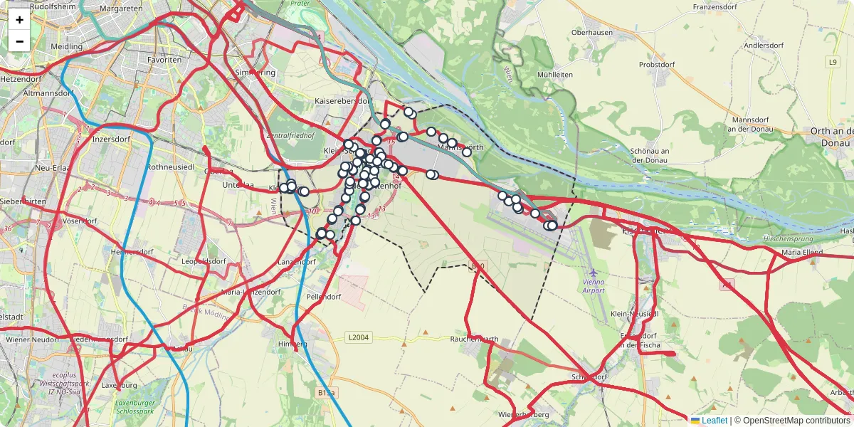 Nahverkehrsnetz in schwechat, Österreich - Buslinien, Haltestellen und Verbindungen auf der Karte