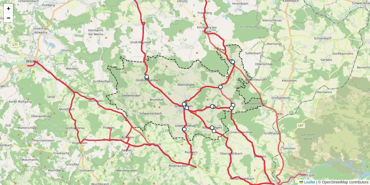 Nahverkehrsnetz in schweiggers, Österreich - Buslinien, Haltestellen und Verbindungen auf der Karte