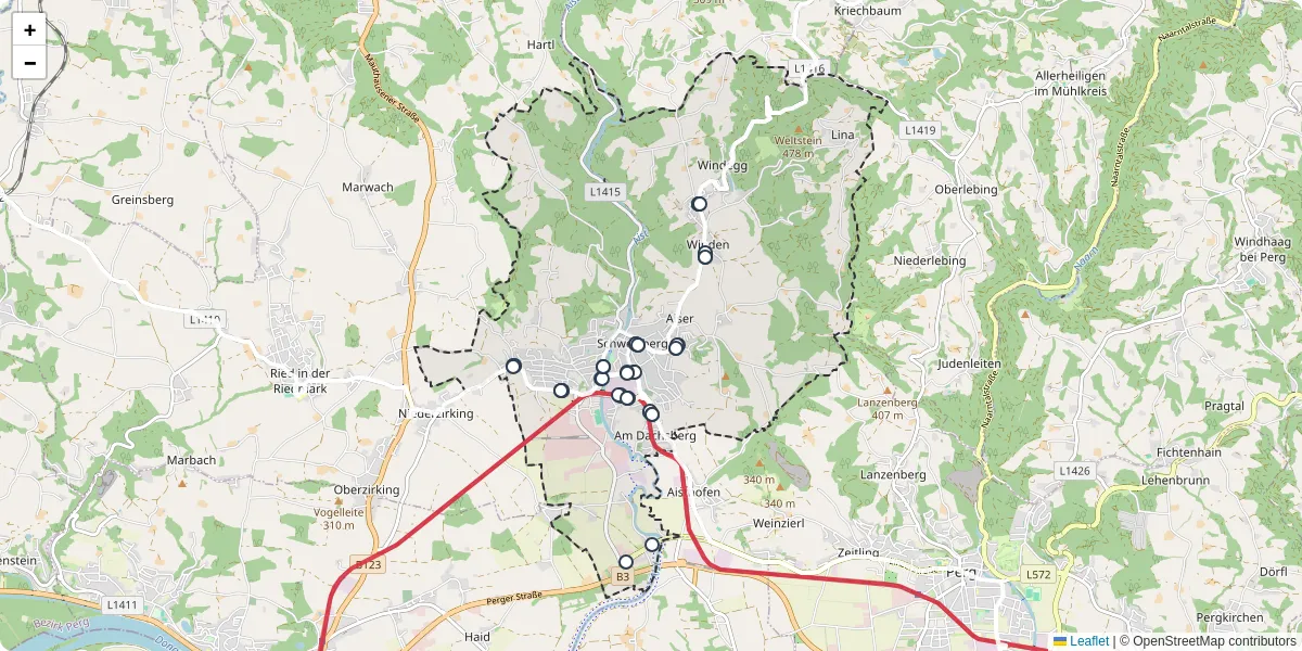 Nahverkehrsnetz in schwertberg, Österreich - Buslinien, Haltestellen und Verbindungen auf der Karte