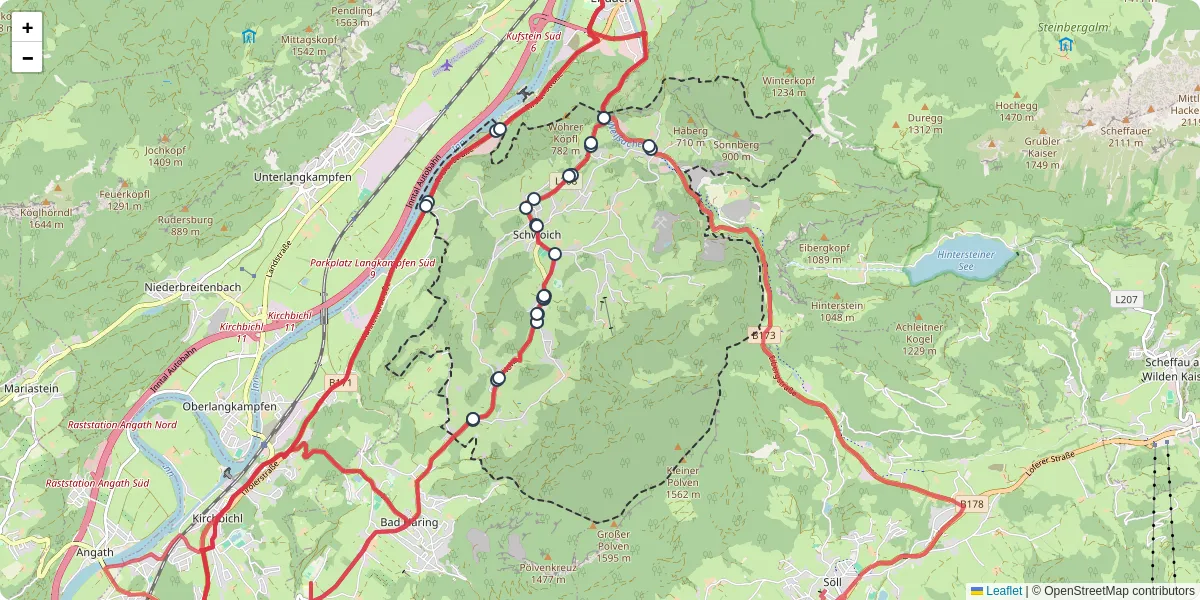 Nahverkehrsnetz in schwoich, Österreich - Buslinien, Haltestellen und Verbindungen auf der Karte