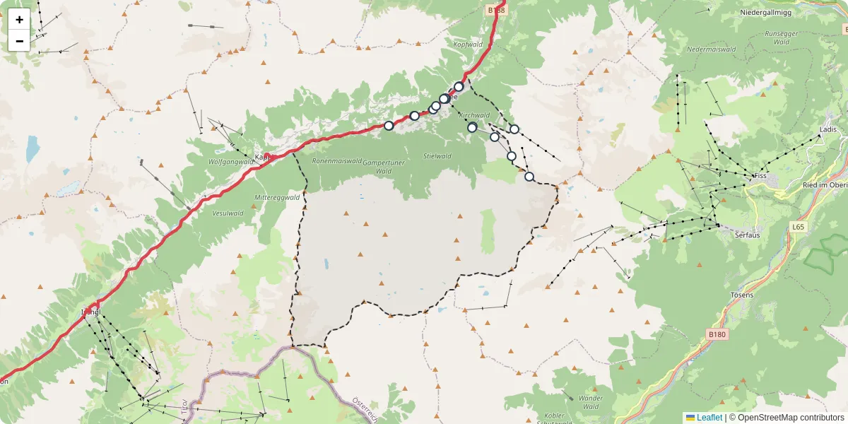 Nahverkehrsnetz in see, Österreich - Buslinien, Haltestellen und Verbindungen auf der Karte