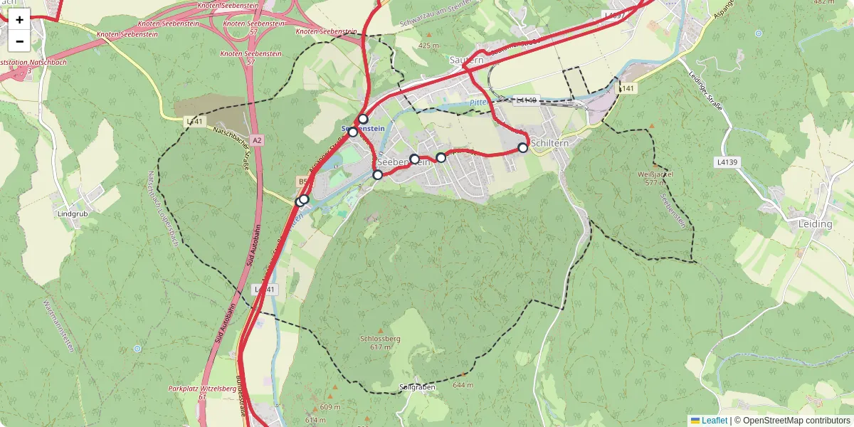 Nahverkehrsnetz in seebenstein, Österreich - Buslinien, Haltestellen und Verbindungen auf der Karte
