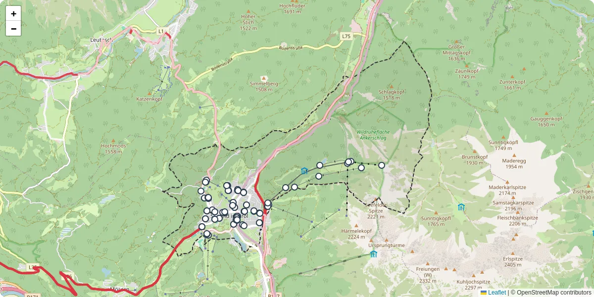 Nahverkehrsnetz in seefeld-in-tirol, Österreich - Buslinien, Haltestellen und Verbindungen auf der Karte