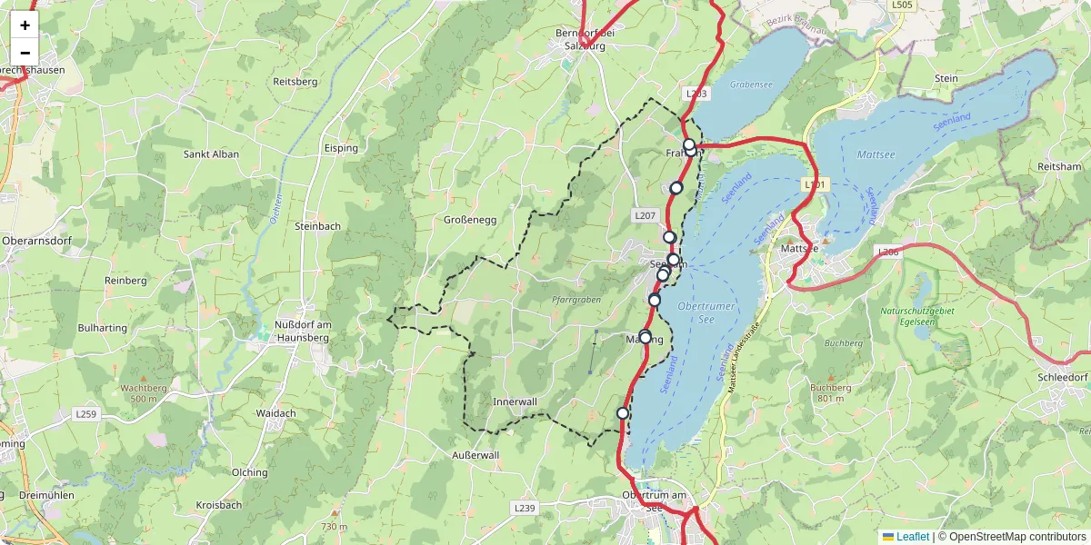 Nahverkehrsnetz in seeham, Österreich - Buslinien, Haltestellen und Verbindungen auf der Karte