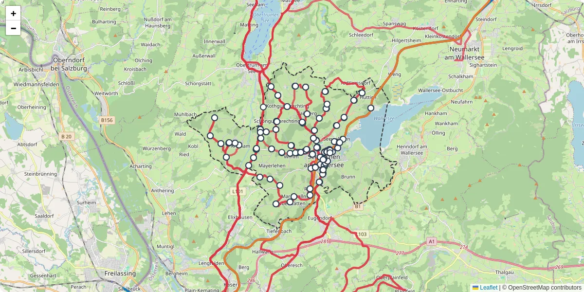 Nahverkehrsnetz in seekirchen-am-wallersee, Österreich - Buslinien, Haltestellen und Verbindungen auf der Karte