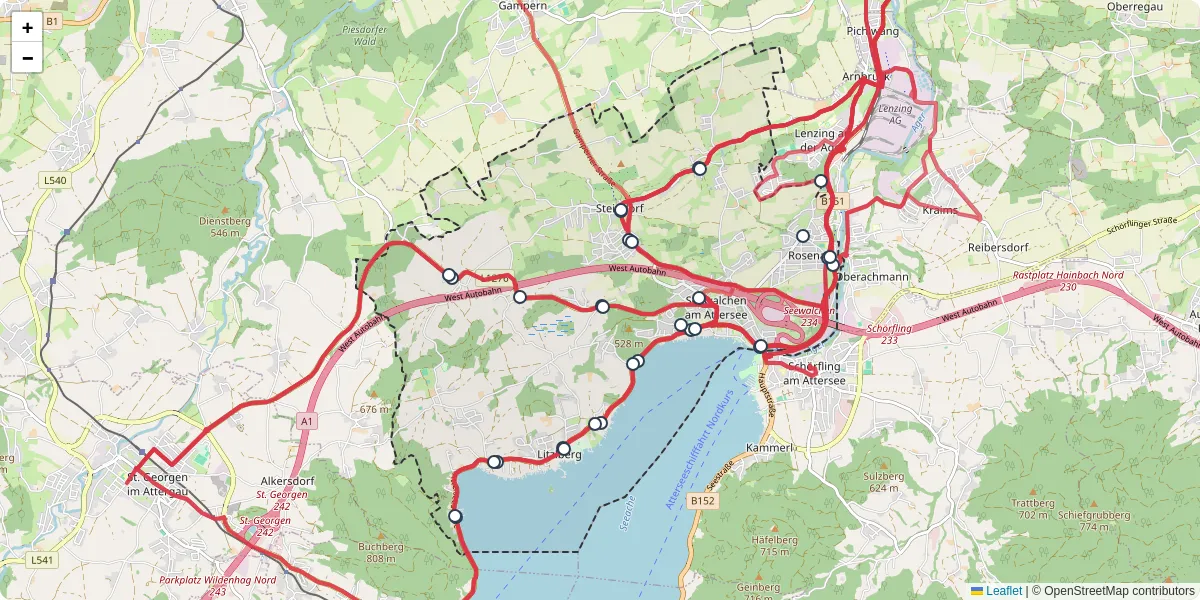 Nahverkehrsnetz in seewalchen-am-attersee, Österreich - Buslinien, Haltestellen und Verbindungen auf der Karte