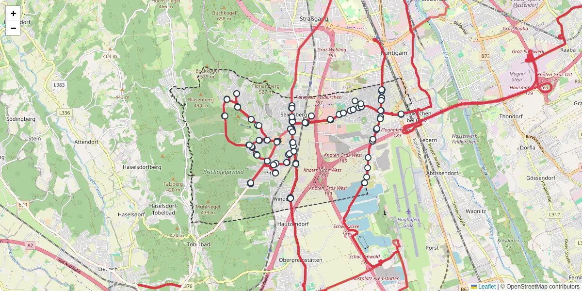 Nahverkehrsnetz in seiersberg-pirka, Österreich - Buslinien, Haltestellen und Verbindungen auf der Karte