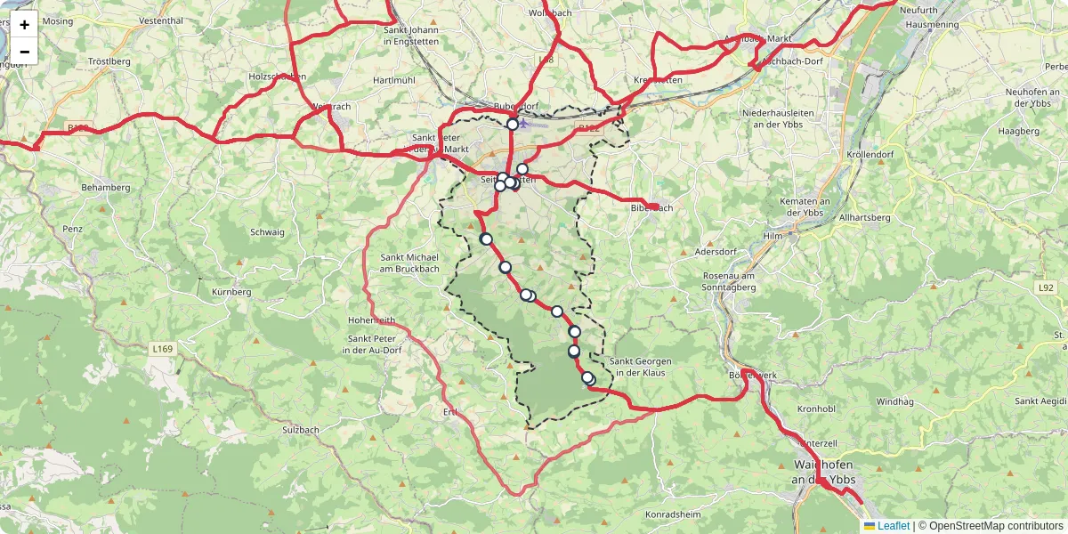 Nahverkehrsnetz in seitenstetten, Österreich - Buslinien, Haltestellen und Verbindungen auf der Karte