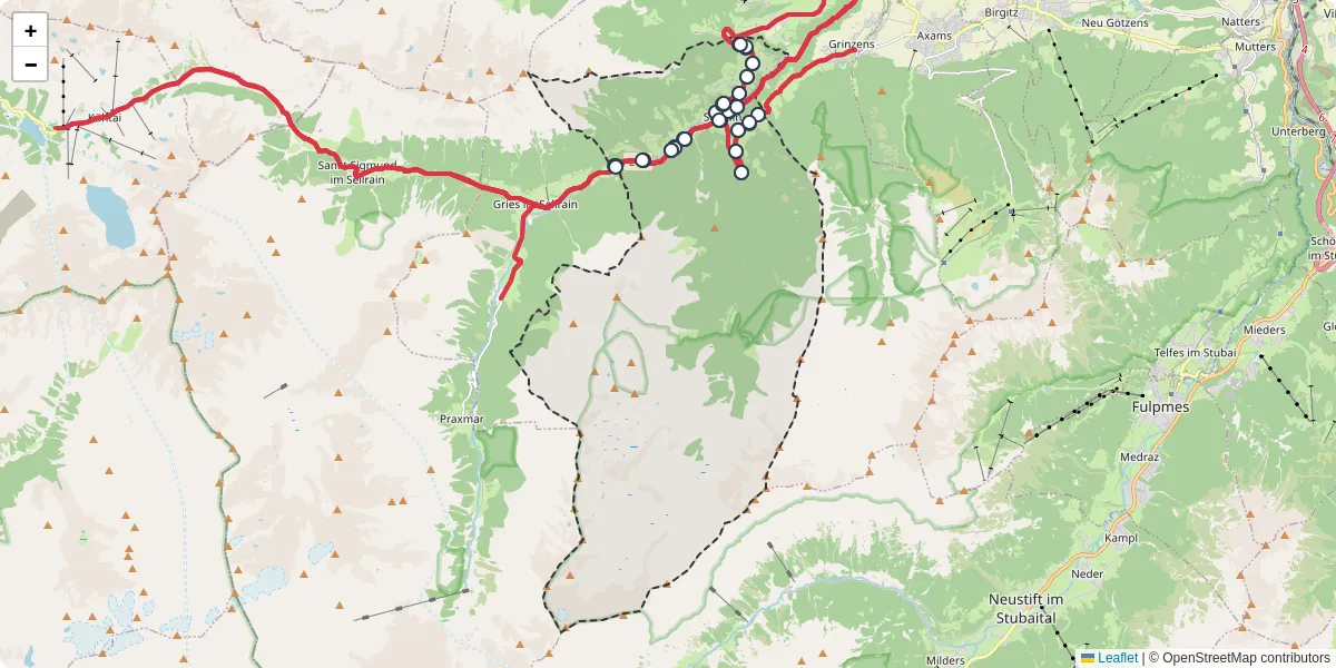 Nahverkehrsnetz in sellrain, Österreich - Buslinien, Haltestellen und Verbindungen auf der Karte