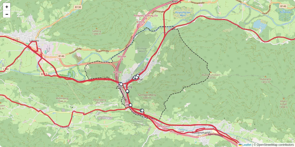 Nahverkehrsnetz in selzthal, Österreich - Buslinien, Haltestellen und Verbindungen auf der Karte