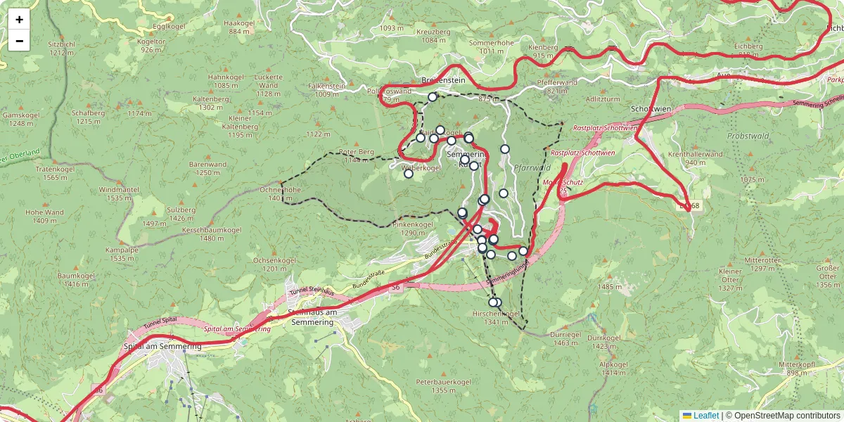 Nahverkehrsnetz in semmering, Österreich - Buslinien, Haltestellen und Verbindungen auf der Karte