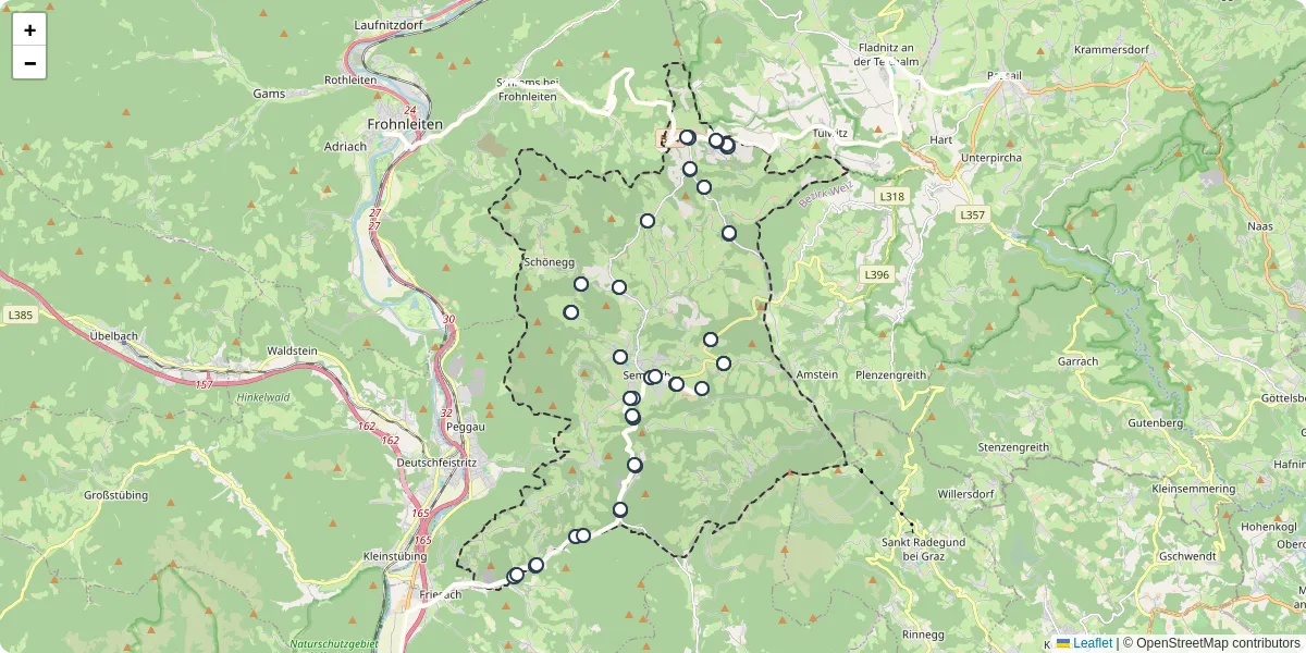 Nahverkehrsnetz in semriach, Österreich - Buslinien, Haltestellen und Verbindungen auf der Karte