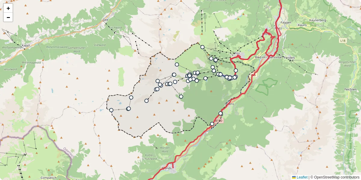 Nahverkehrsnetz in serfaus, Österreich - Buslinien, Haltestellen und Verbindungen auf der Karte