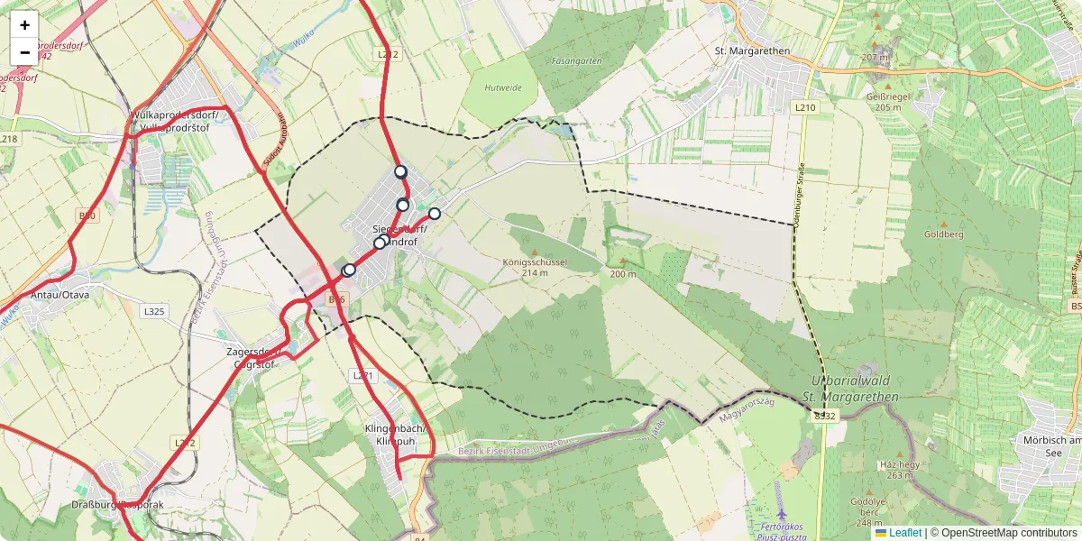 Nahverkehrsnetz in siegendorfcindrof, Österreich - Buslinien, Haltestellen und Verbindungen auf der Karte