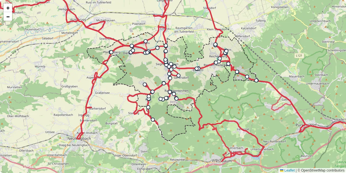 Nahverkehrsnetz in sieghartskirchen, Österreich - Buslinien, Haltestellen und Verbindungen auf der Karte