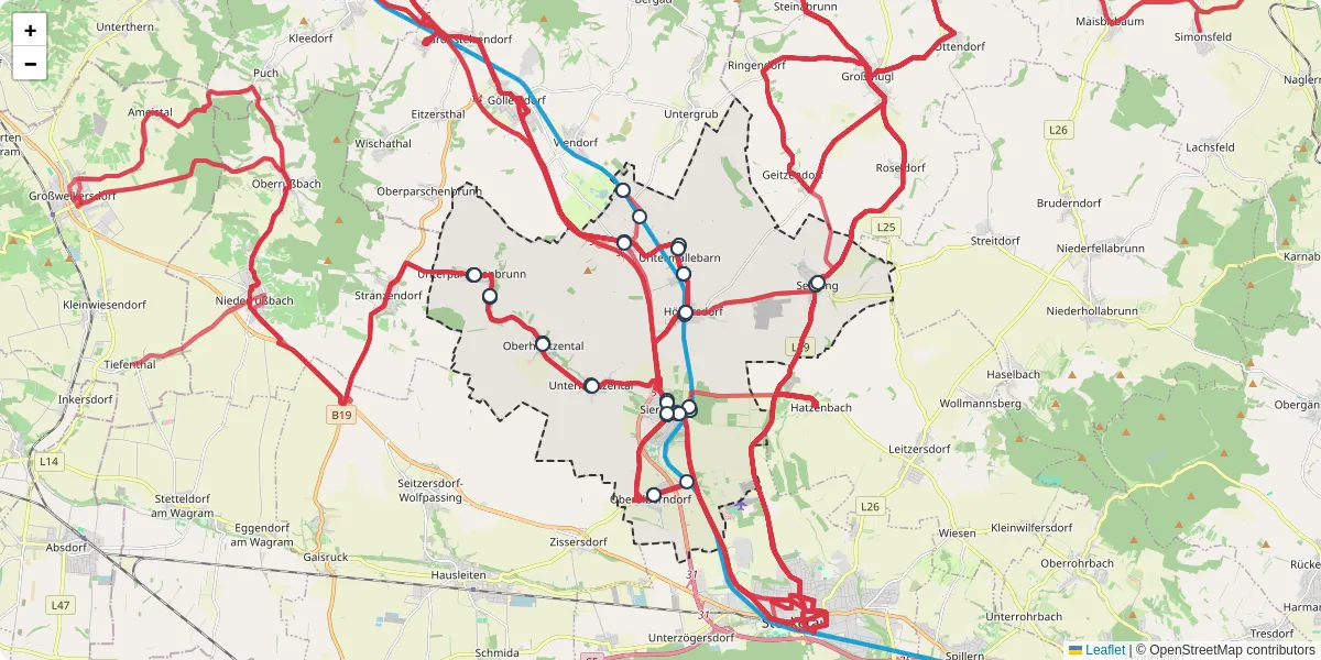Nahverkehrsnetz in sierndorf, Österreich - Buslinien, Haltestellen und Verbindungen auf der Karte