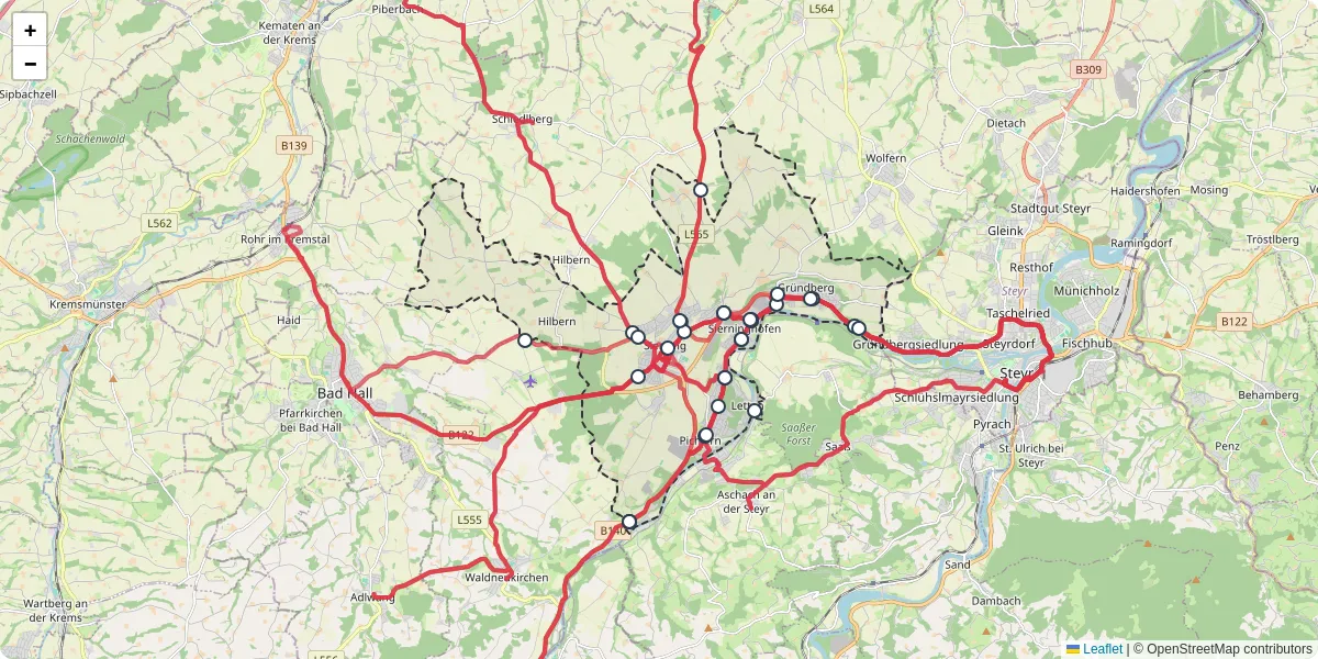 Nahverkehrsnetz in sierning, Österreich - Buslinien, Haltestellen und Verbindungen auf der Karte