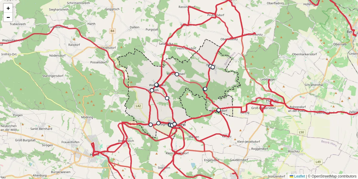 Nahverkehrsnetz in sigmundsherberg, Österreich - Buslinien, Haltestellen und Verbindungen auf der Karte