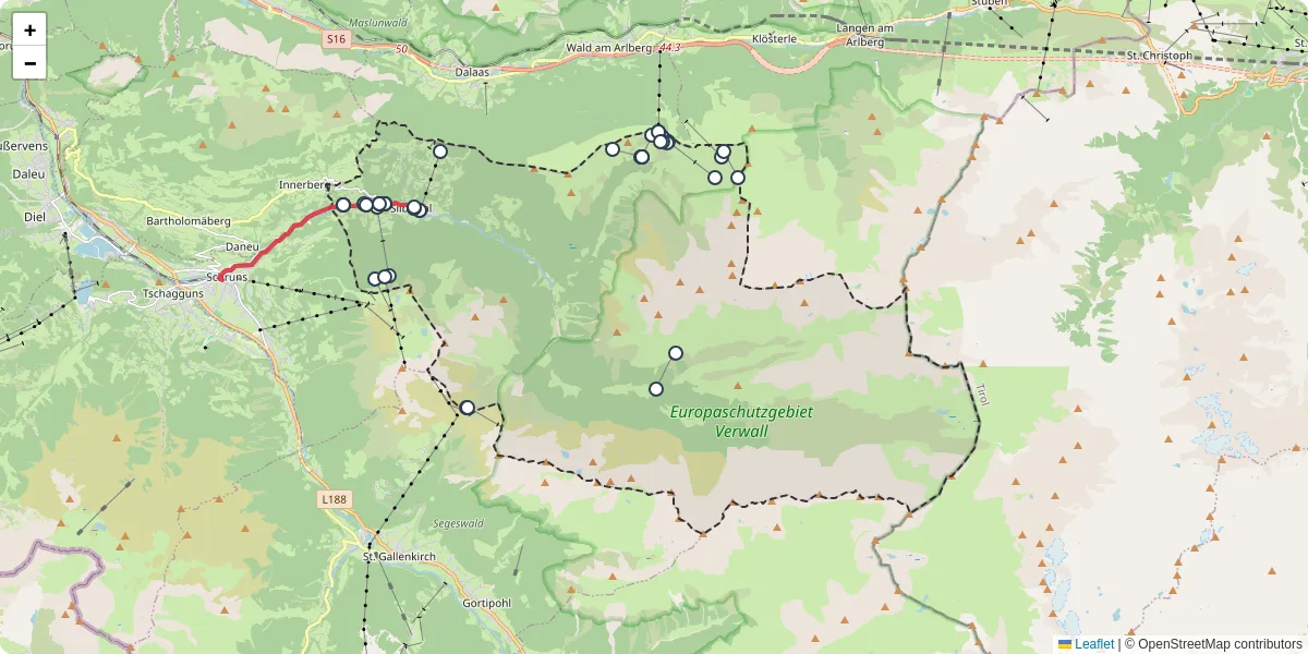 Nahverkehrsnetz in silbertal, Österreich - Buslinien, Haltestellen und Verbindungen auf der Karte