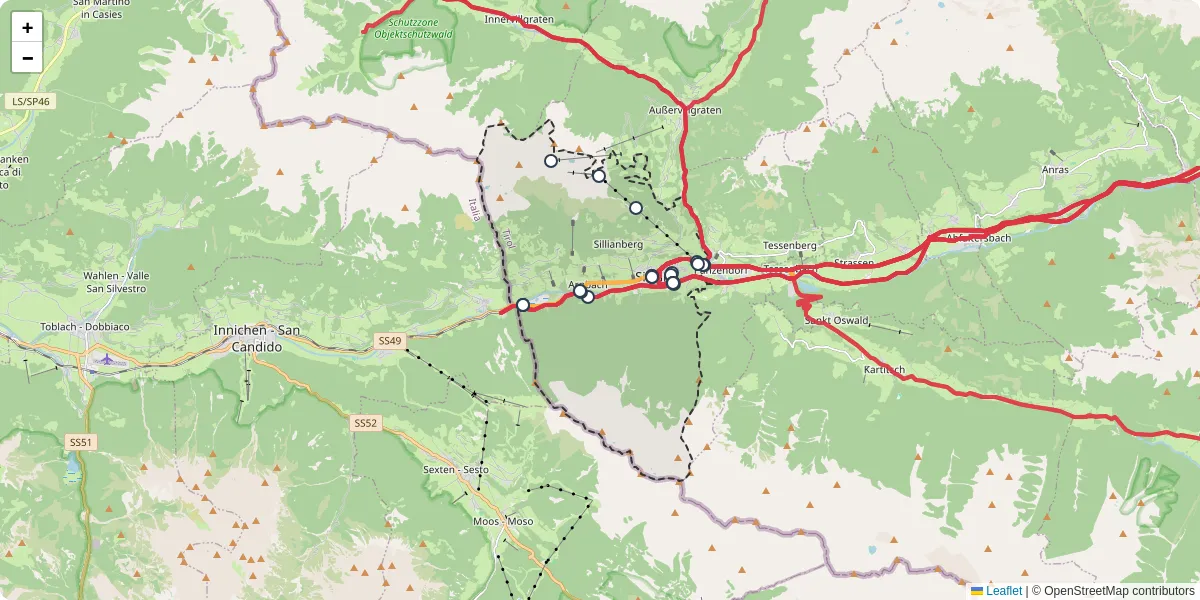 Nahverkehrsnetz in sillian, Österreich - Buslinien, Haltestellen und Verbindungen auf der Karte