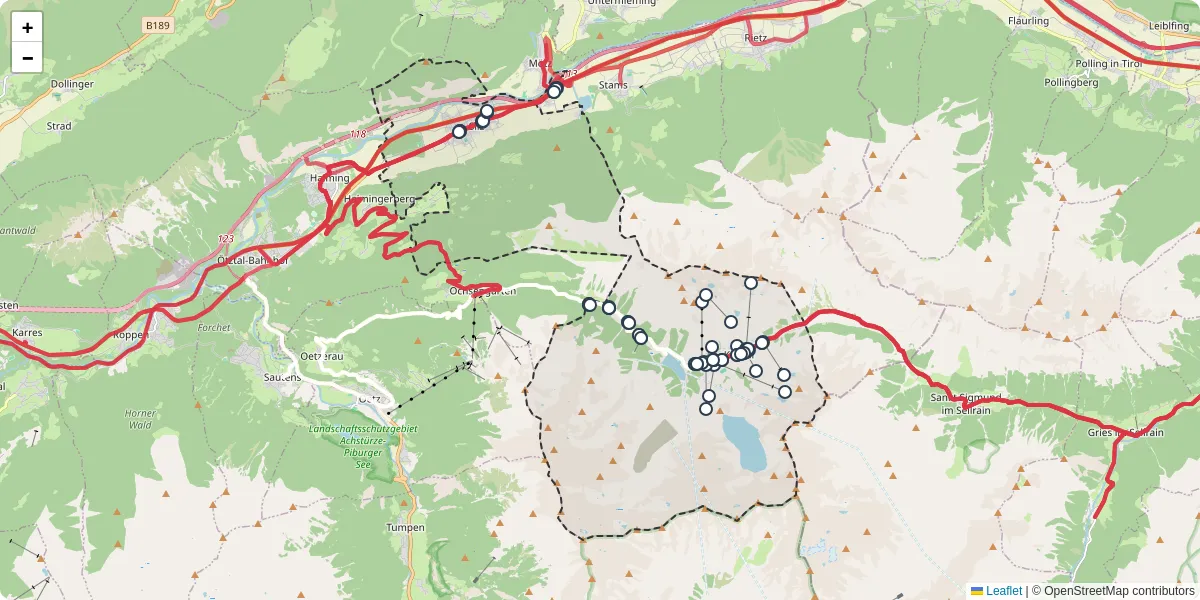 Nahverkehrsnetz in silz, Österreich - Buslinien, Haltestellen und Verbindungen auf der Karte
