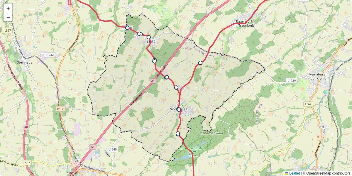 Nahverkehrsnetz in sipbachzell, Österreich - Buslinien, Haltestellen und Verbindungen auf der Karte