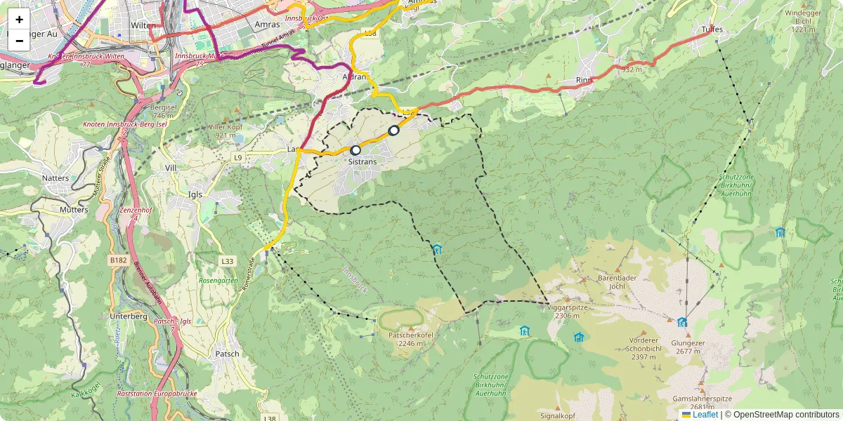 Nahverkehrsnetz in sistrans, Österreich - Buslinien, Haltestellen und Verbindungen auf der Karte