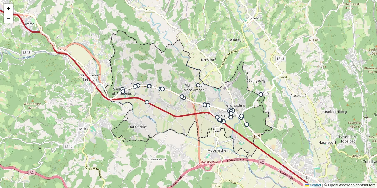 Nahverkehrsnetz in soding-st-johann, Österreich - Buslinien, Haltestellen und Verbindungen auf der Karte