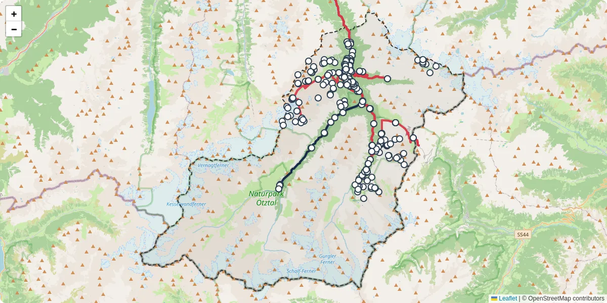 Nahverkehrsnetz in solden, Österreich - Buslinien, Haltestellen und Verbindungen auf der Karte