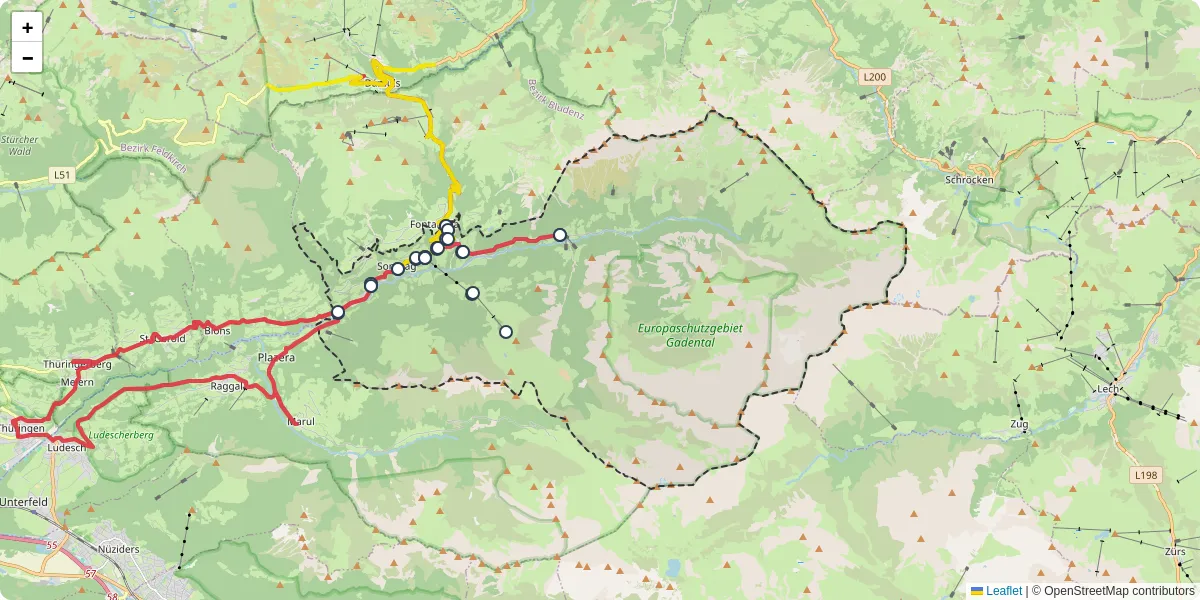 Nahverkehrsnetz in sonntag, Österreich - Buslinien, Haltestellen und Verbindungen auf der Karte