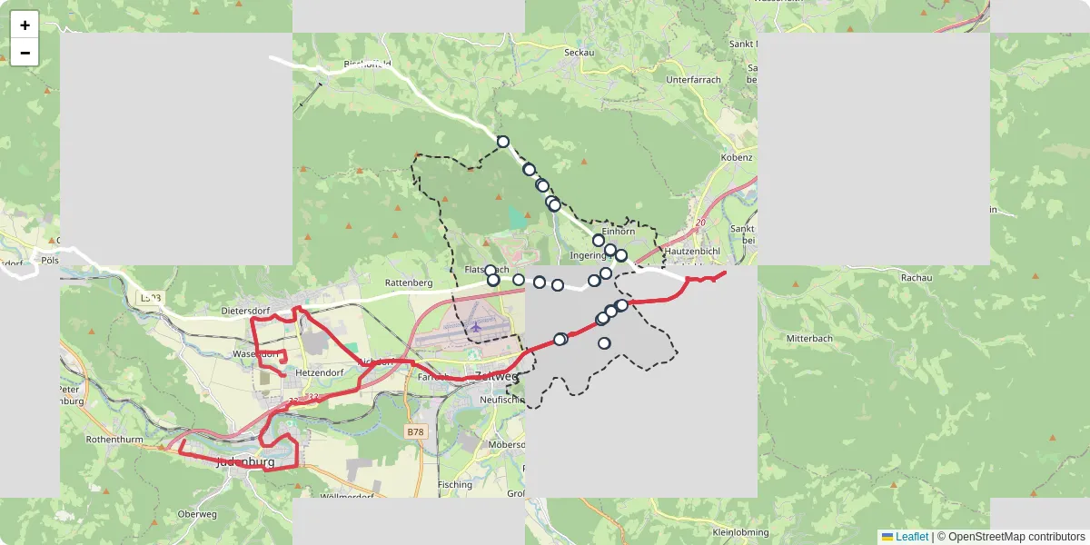 Nahverkehrsnetz in spielberg, Österreich - Buslinien, Haltestellen und Verbindungen auf der Karte