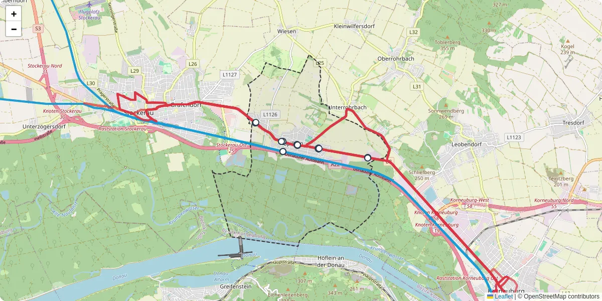 Nahverkehrsnetz in spillern, Österreich - Buslinien, Haltestellen und Verbindungen auf der Karte