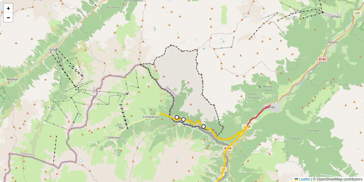 Nahverkehrsnetz in spiss, Österreich - Buslinien, Haltestellen und Verbindungen auf der Karte