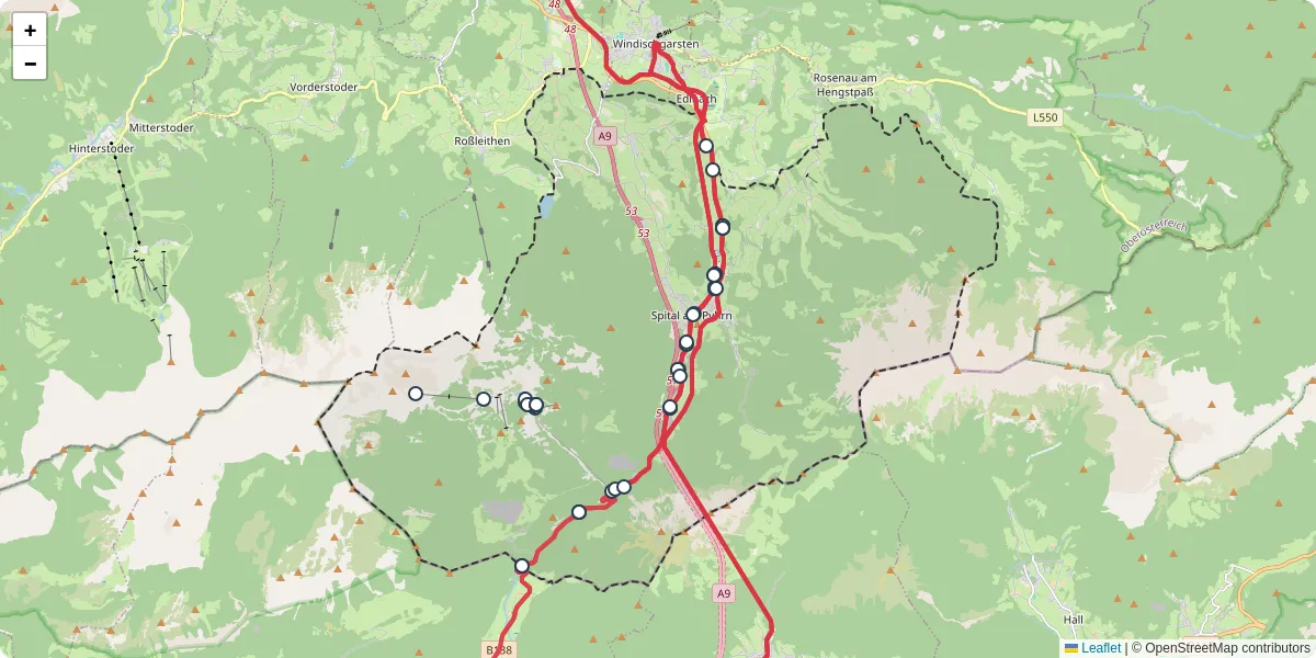 Nahverkehrsnetz in spital-am-pyhrn, Österreich - Buslinien, Haltestellen und Verbindungen auf der Karte