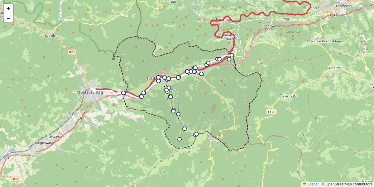 Nahverkehrsnetz in spital-am-semmering, Österreich - Buslinien, Haltestellen und Verbindungen auf der Karte
