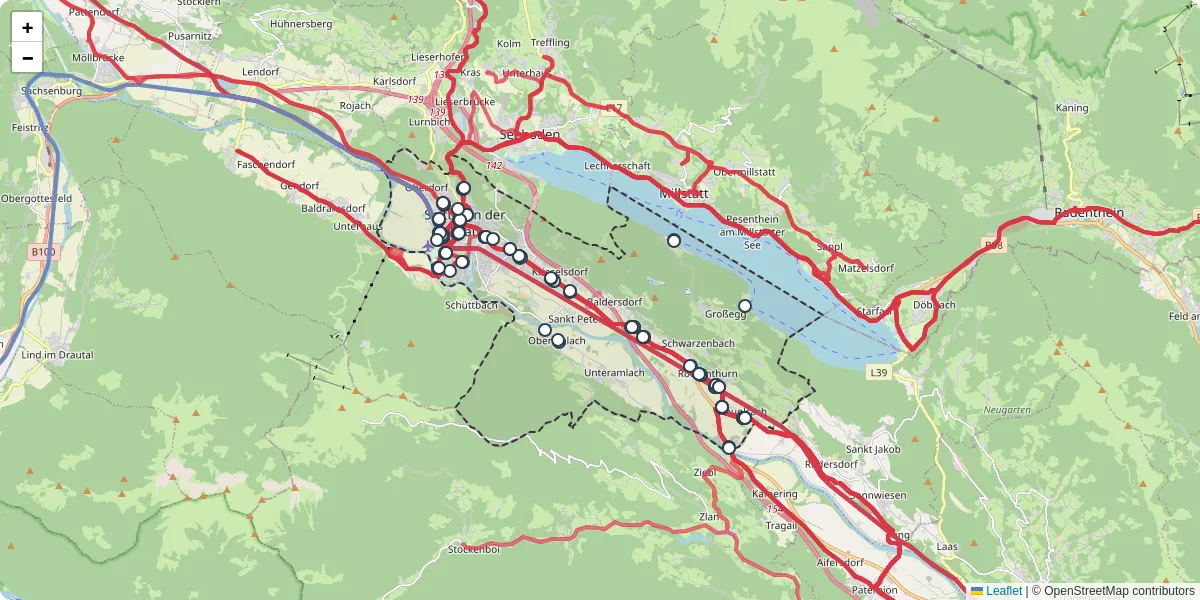 Nahverkehrsnetz in spittal-an-der-drau, Österreich - Buslinien, Haltestellen und Verbindungen auf der Karte