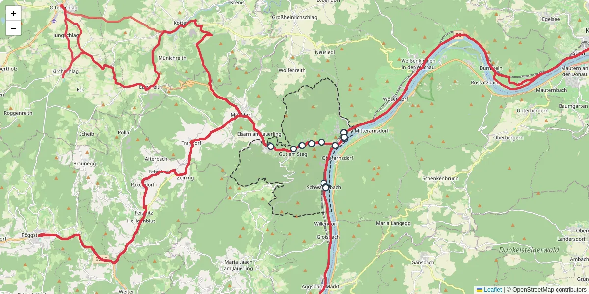 Nahverkehrsnetz in spitz, Österreich - Buslinien, Haltestellen und Verbindungen auf der Karte