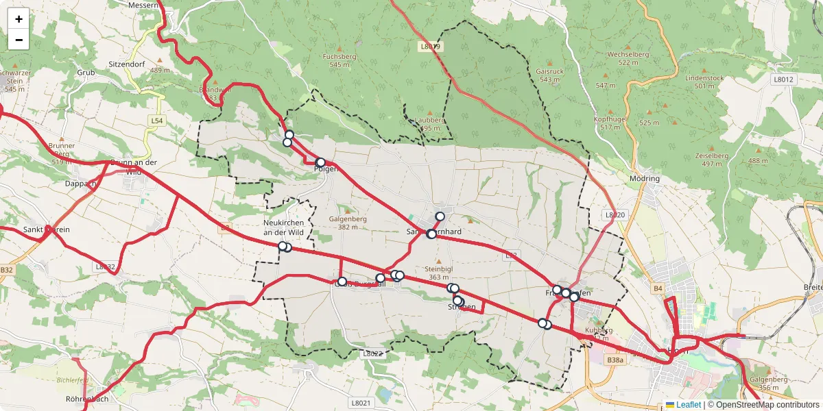 Nahverkehrsnetz in st-bernhard-frauenhofen, Österreich - Buslinien, Haltestellen und Verbindungen auf der Karte