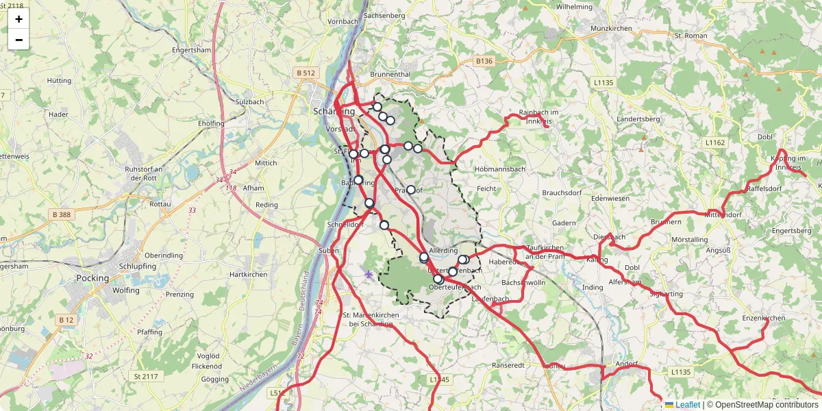 Nahverkehrsnetz in st-florian-am-inn, Österreich - Buslinien, Haltestellen und Verbindungen auf der Karte
