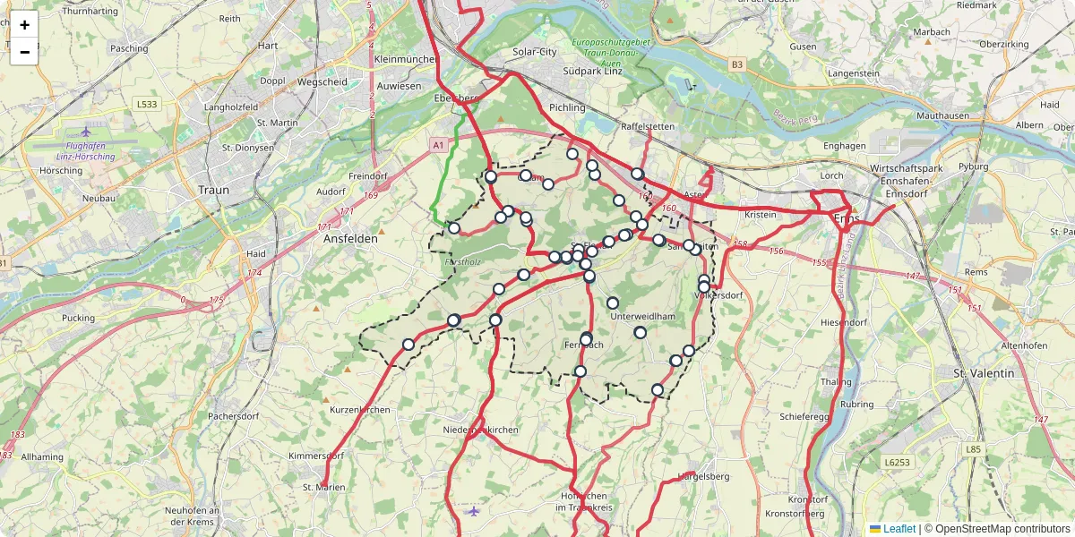 Nahverkehrsnetz in st-florian, Österreich - Buslinien, Haltestellen und Verbindungen auf der Karte