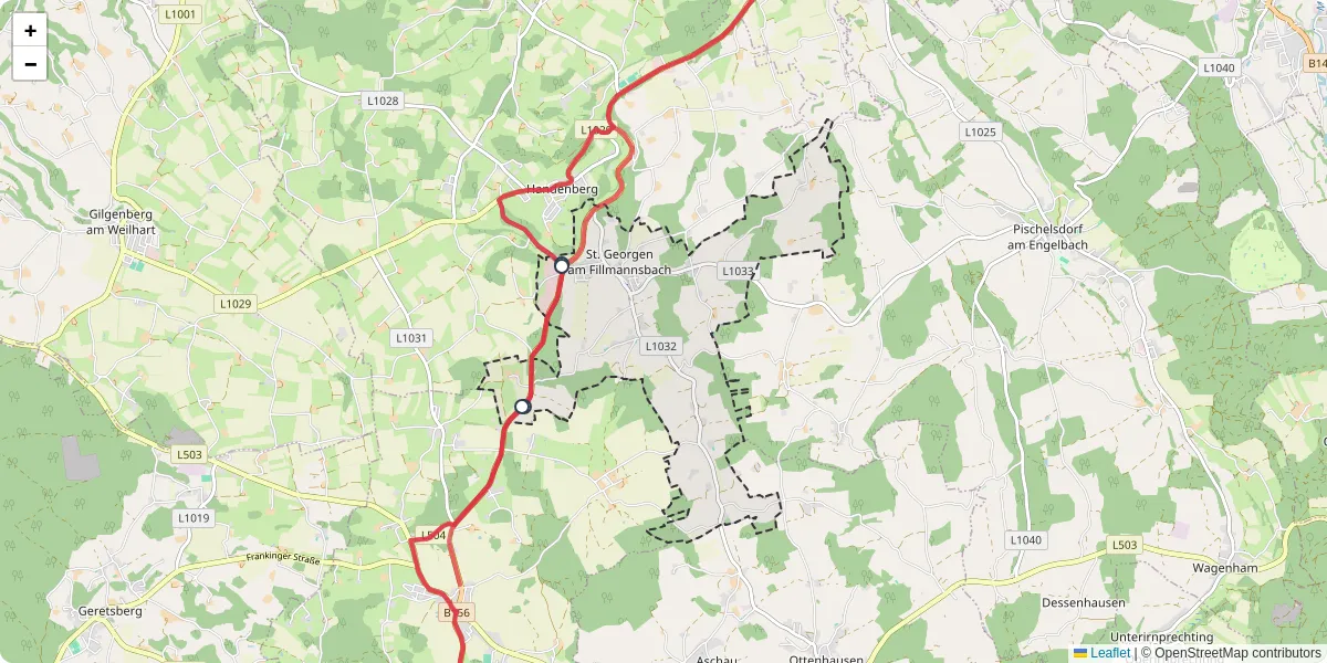 Nahverkehrsnetz in st-georgen-am-fillmannsbach, Österreich - Buslinien, Haltestellen und Verbindungen auf der Karte