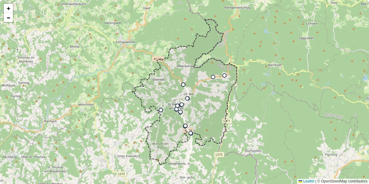 Nahverkehrsnetz in st-georgen-am-walde, Österreich - Buslinien, Haltestellen und Verbindungen auf der Karte