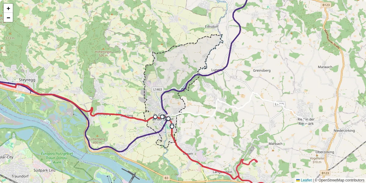 Nahverkehrsnetz in st-georgen-an-der-gusen, Österreich - Buslinien, Haltestellen und Verbindungen auf der Karte